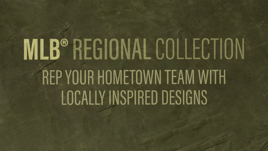 Green textured background with “MLB Regional Collection” text promoting locally inspired team designs.