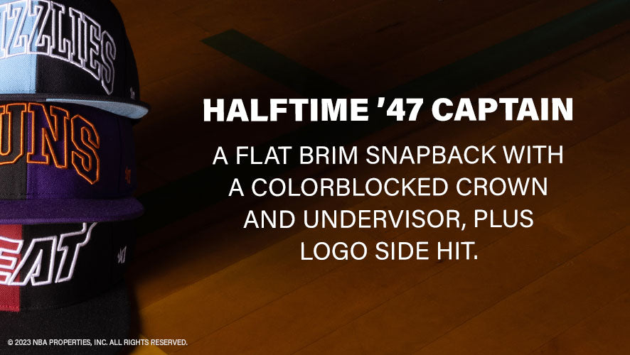 Halftime '47 Captain. A flat brim snapback with a colorblocked crown and undervisor, plus logo side hit.