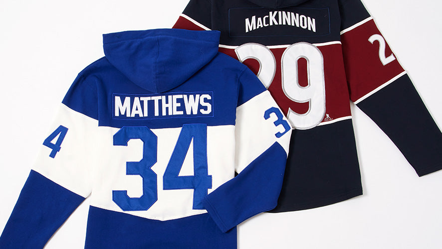 Back view of Toronto and Colorado player hoodies featuring names and numbers: Matthews #34 and MacKinnon #29.
