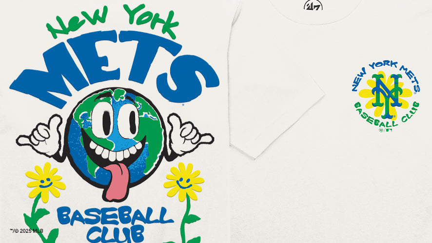 The back of a white tee shirt with an Atlanta Braves Baseball Club featuring a globe logo and two yellow flowers. The right side is showing the front of the tee shirt featuring the New York Mets logo with New York Mets Baseball Club written around the logo.