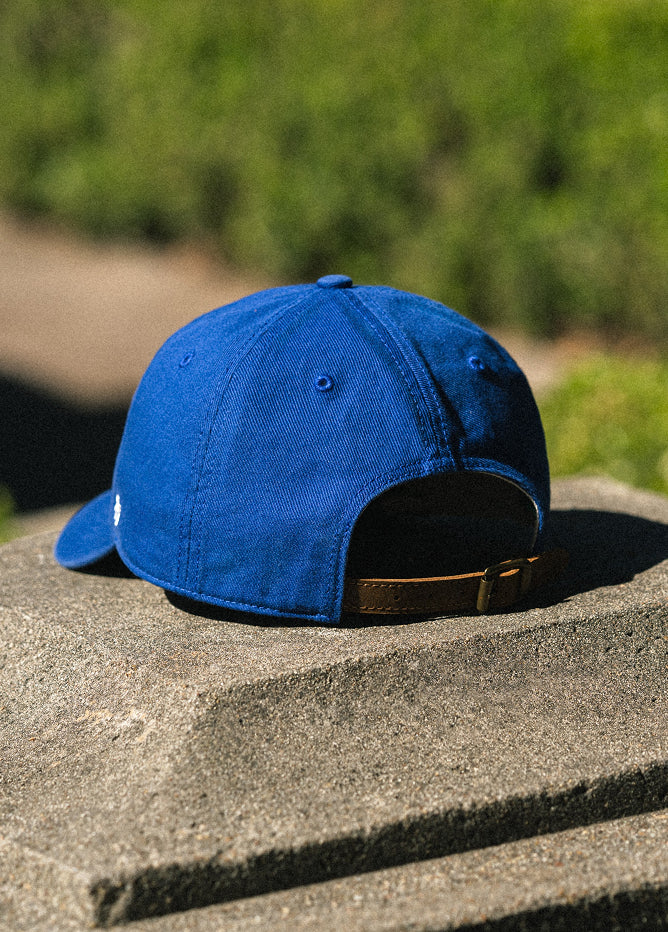Blue cap on a concrete surface with a blurred green background