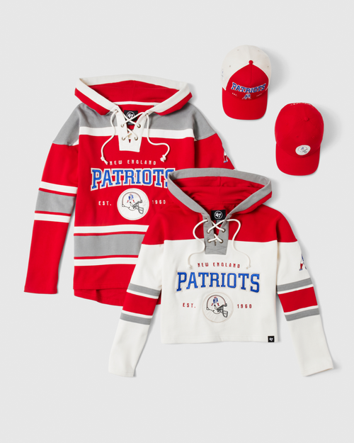 Red and white sports-themed hoodie with matching cap and socks on a light gray background
