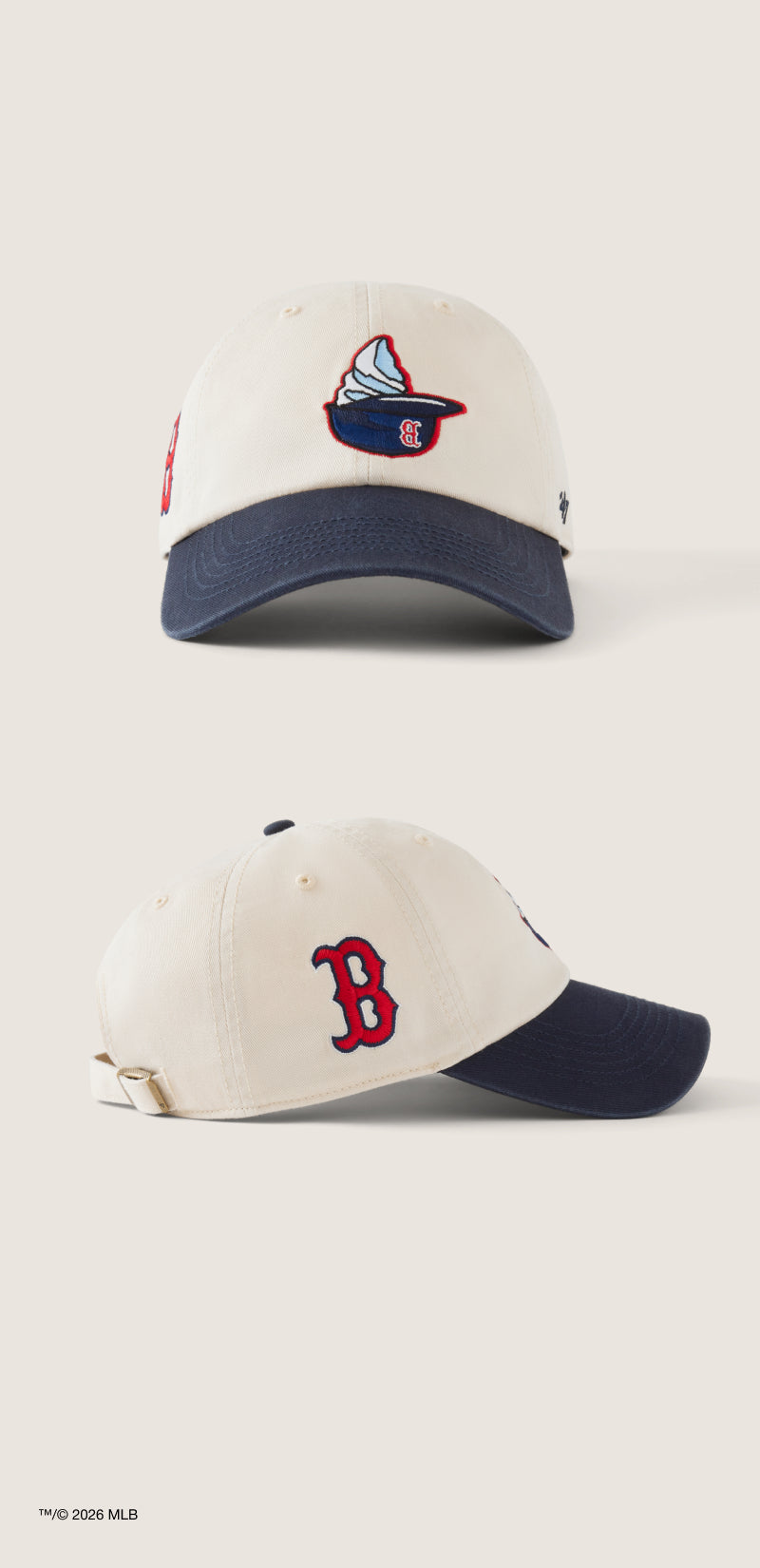 Two baseball caps with different logos on a white background