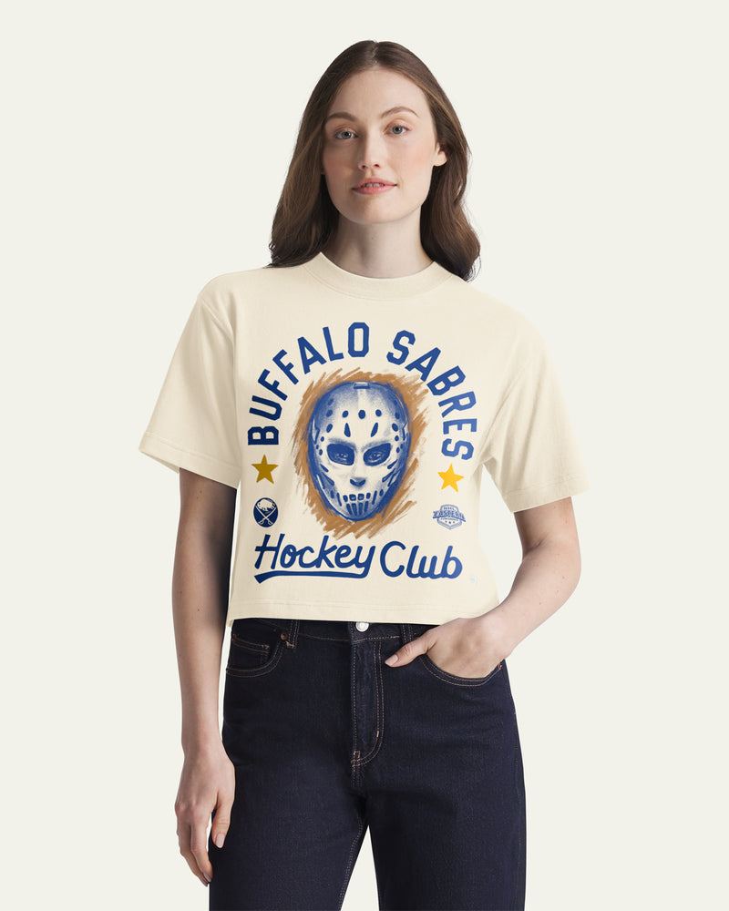 BUFFALO SABRES ARCH MASK '47 FOUNDATION CROP TEE WOMENS