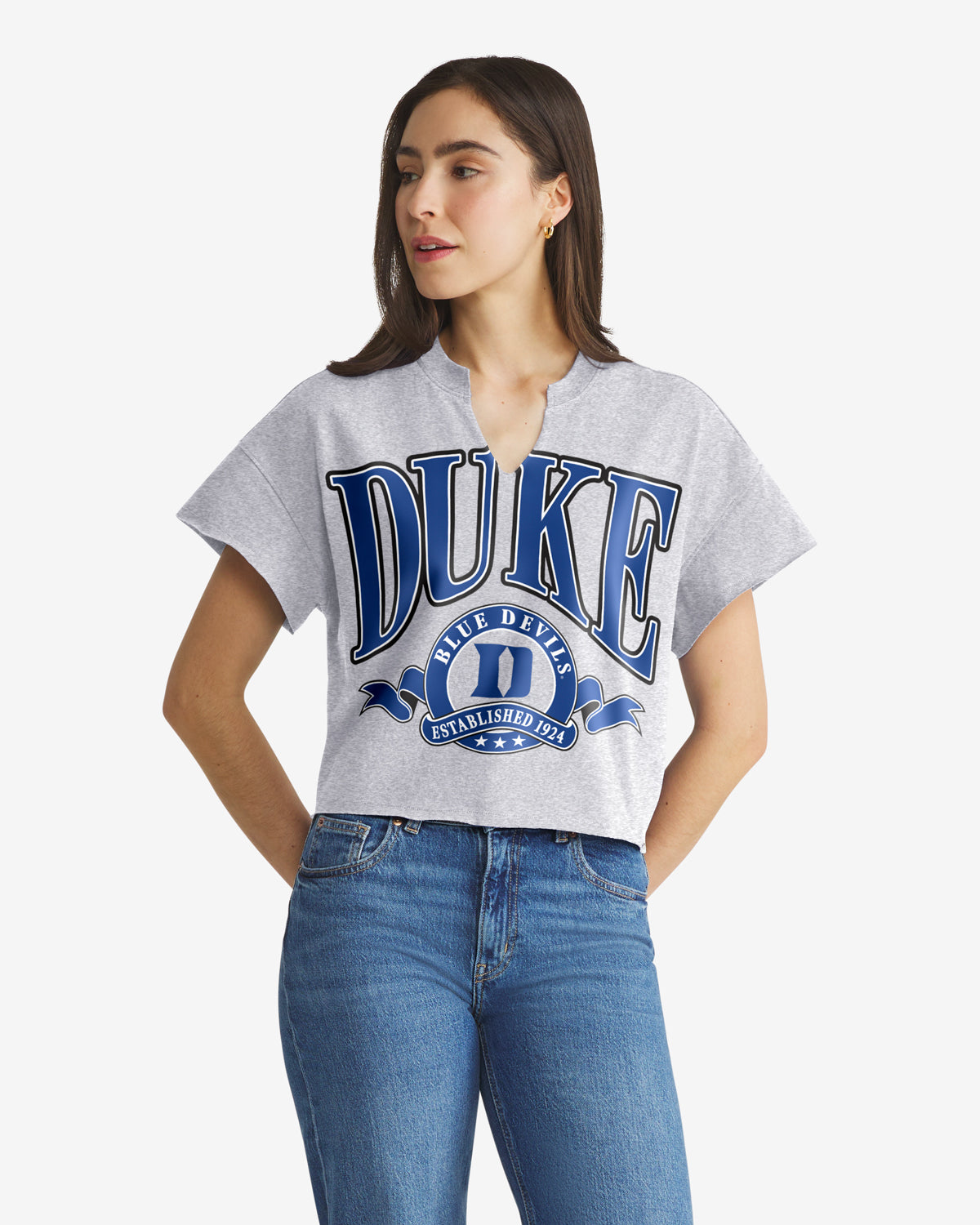 DUKE BLUE DEVILS BANNERS OUT '47 OVERSIZED NOTCH NECK TEE WOMENS