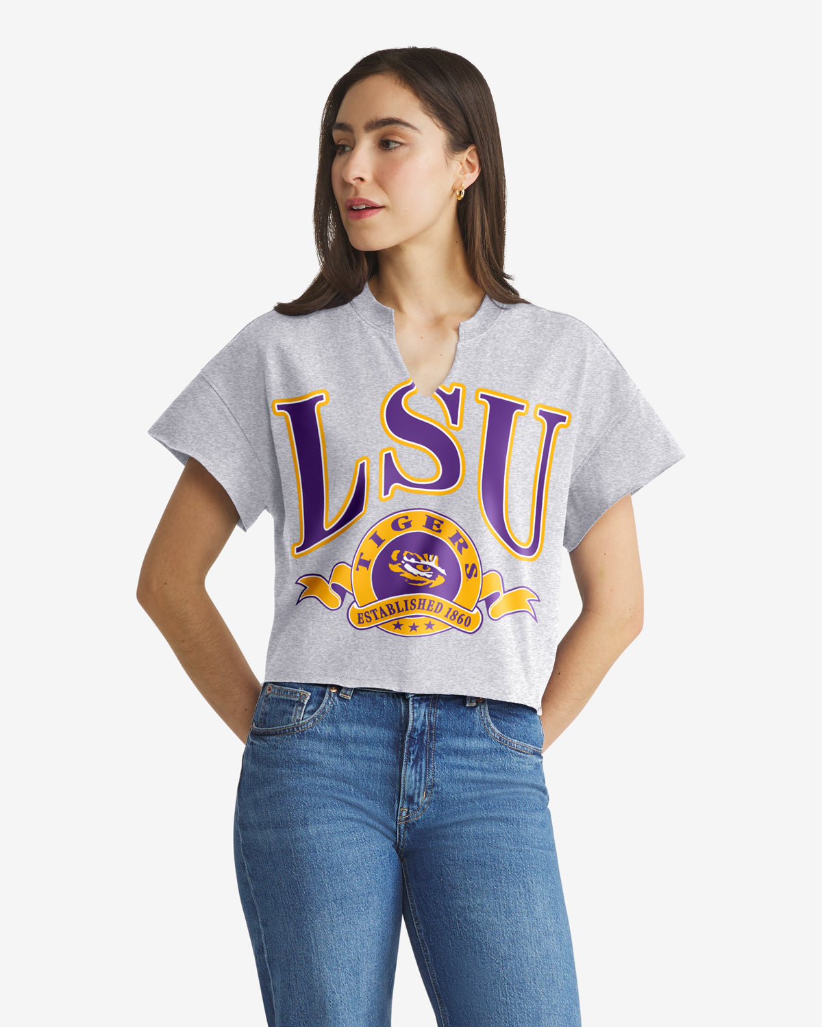 LOUISIANA STATE TIGERS LSU BANNERS OUT '47 OVERSIZED NOTCH NECK TEE WOMENS