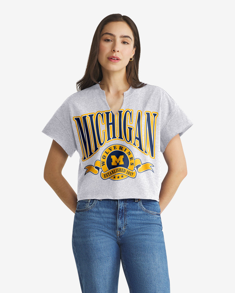 MICHIGAN WOLVERINES BANNERS OUT '47 OVERSIZED NOTCH NECK TEE WOMENS