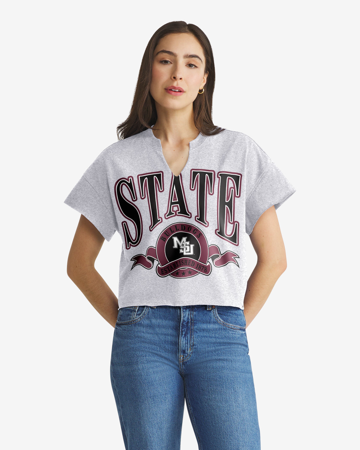 MISSISSIPPI STATE BULLDOGS VINTAGE BANNERS OUT '47 OVERSIZED NOTCH NECK TEE WOMENS