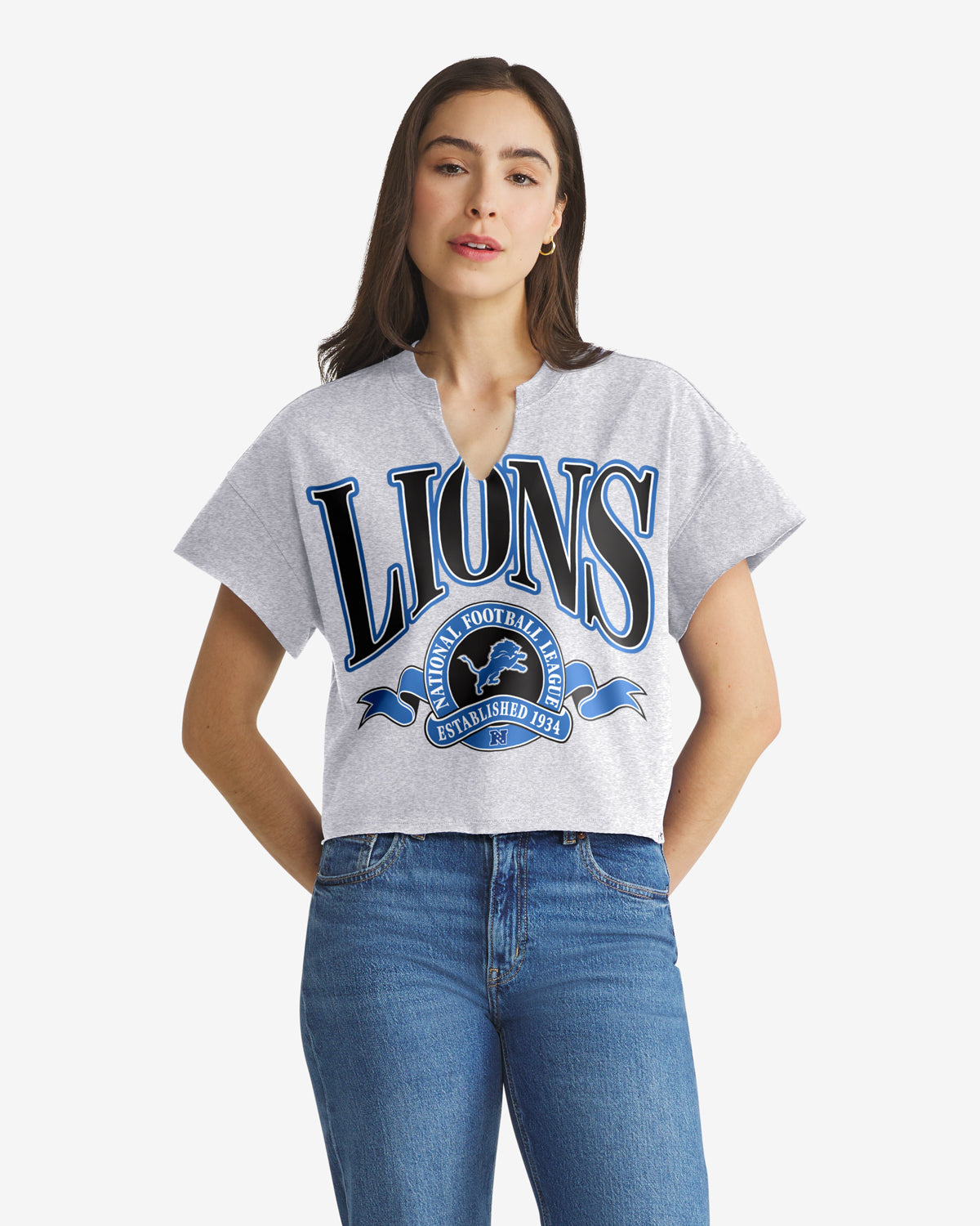 DETROIT LIONS BANNERS OUT '47 OVERSIZED NOTCH NECK TEE WOMENS
