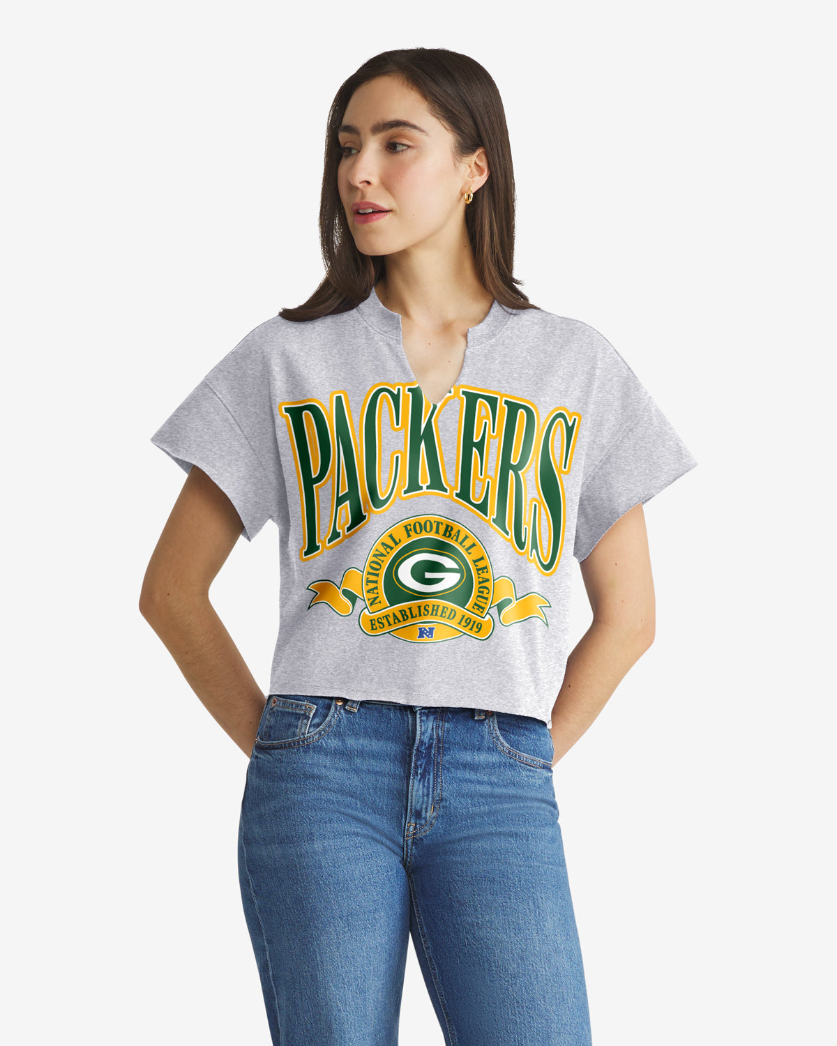 GREEN BAY PACKERS BANNERS OUT '47 OVERSIZED NOTCH NECK TEE WOMENS