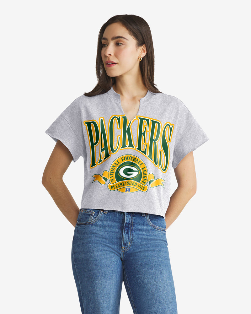 GREEN BAY PACKERS BANNERS OUT '47 OVERSIZED NOTCH NECK TEE WOMENS