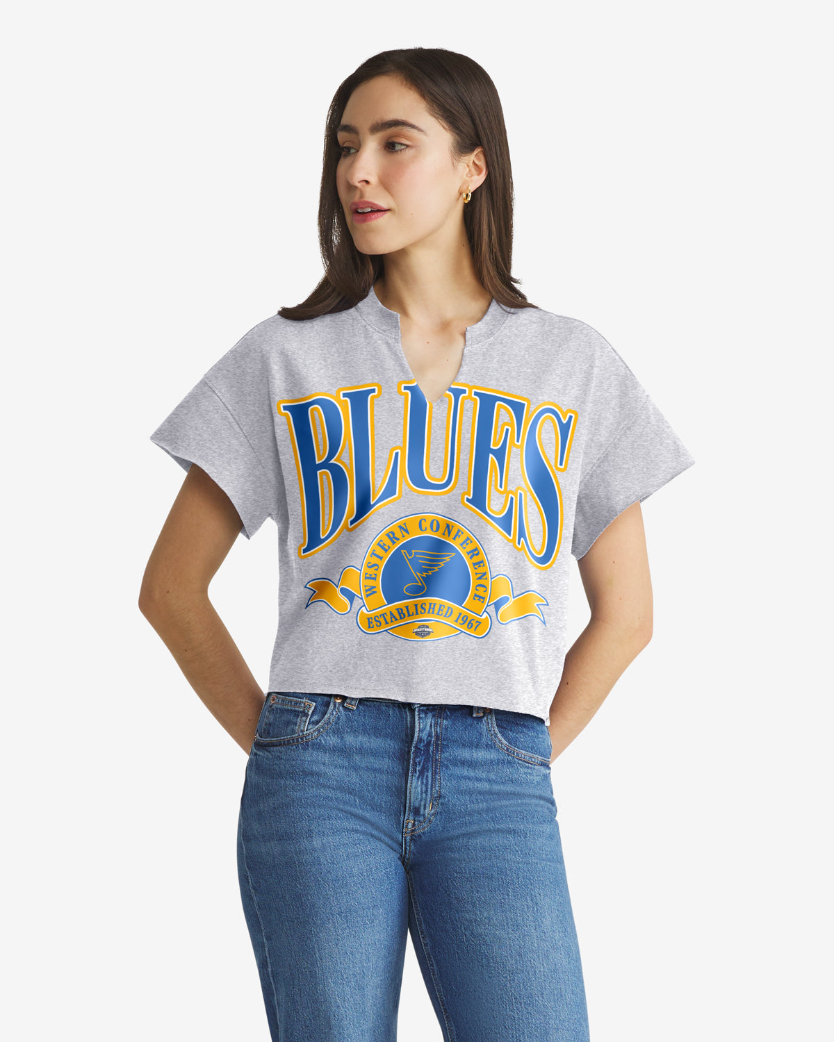 ST LOUIS BLUES BANNERS OUT '47 WOMEN'S OVERSIZED NOTCH NECK TEE
