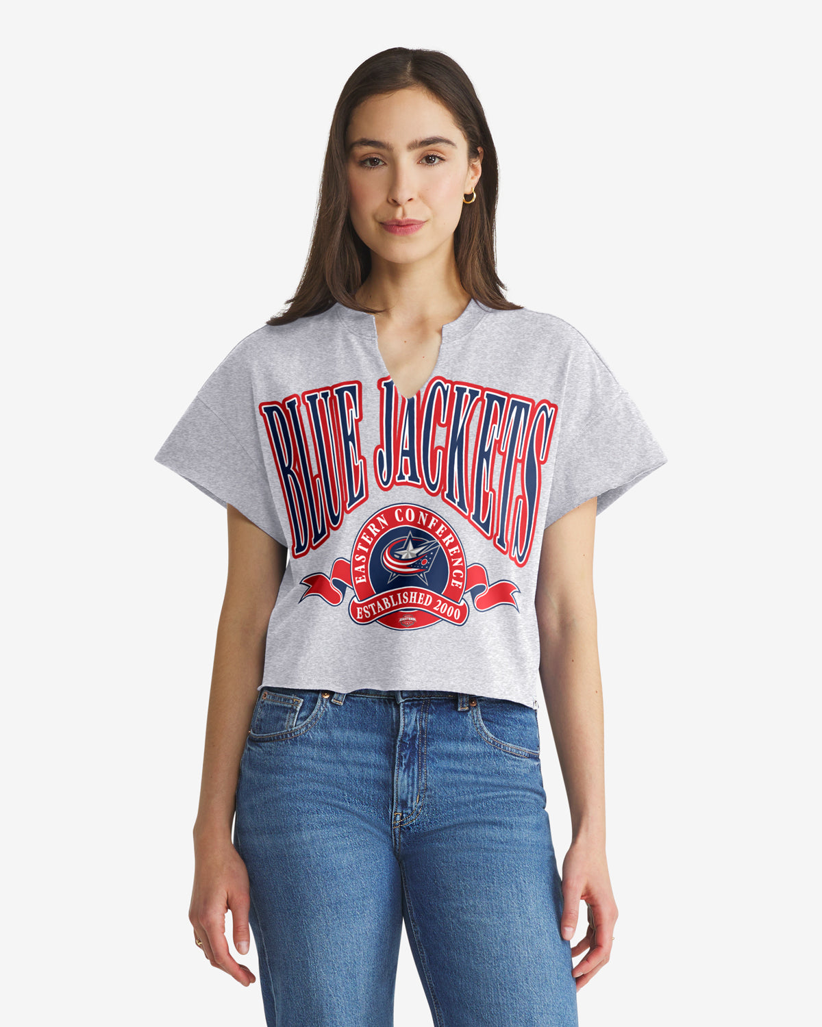 COLUMBUS BLUE JACKETS BANNERS OUT '47 WOMEN'S OVERSIZED NOTCH NECK TEE