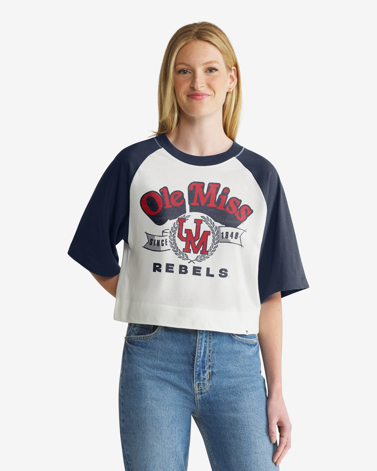 MISSISSIPPI REBELS VINTAGE INFIELD SHIFT '47 RAGLAN CROP TEE WOMENS