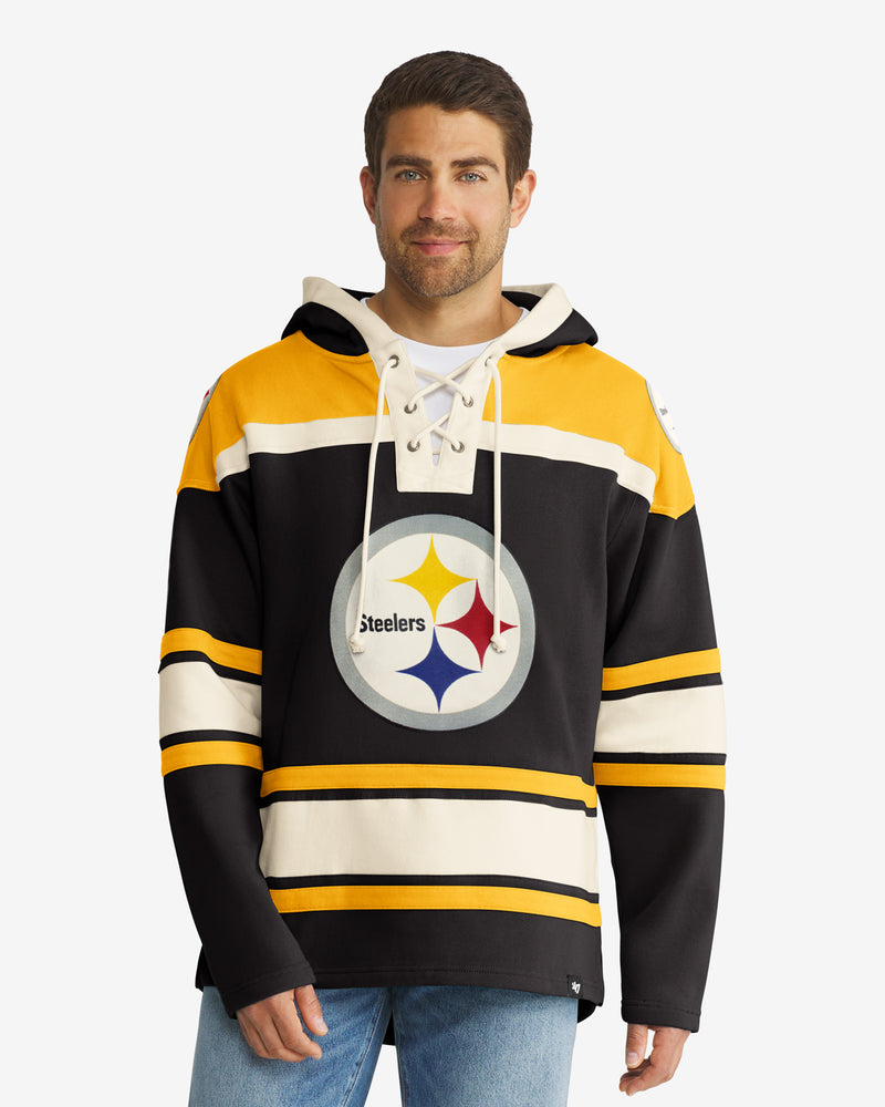 Men's '47 Black/Gold Pittsburgh Steelers Lacer V-Neck Pullover Hoodie Size: Medium