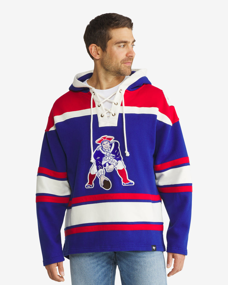 Men's '47 Royal New England Patriots Throwback Lacer Pullover Hoodie Size: Medium